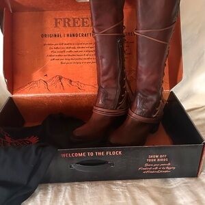 Freebird Cognac lace up tall COAL Boots, with side zipper. NEW Size 7